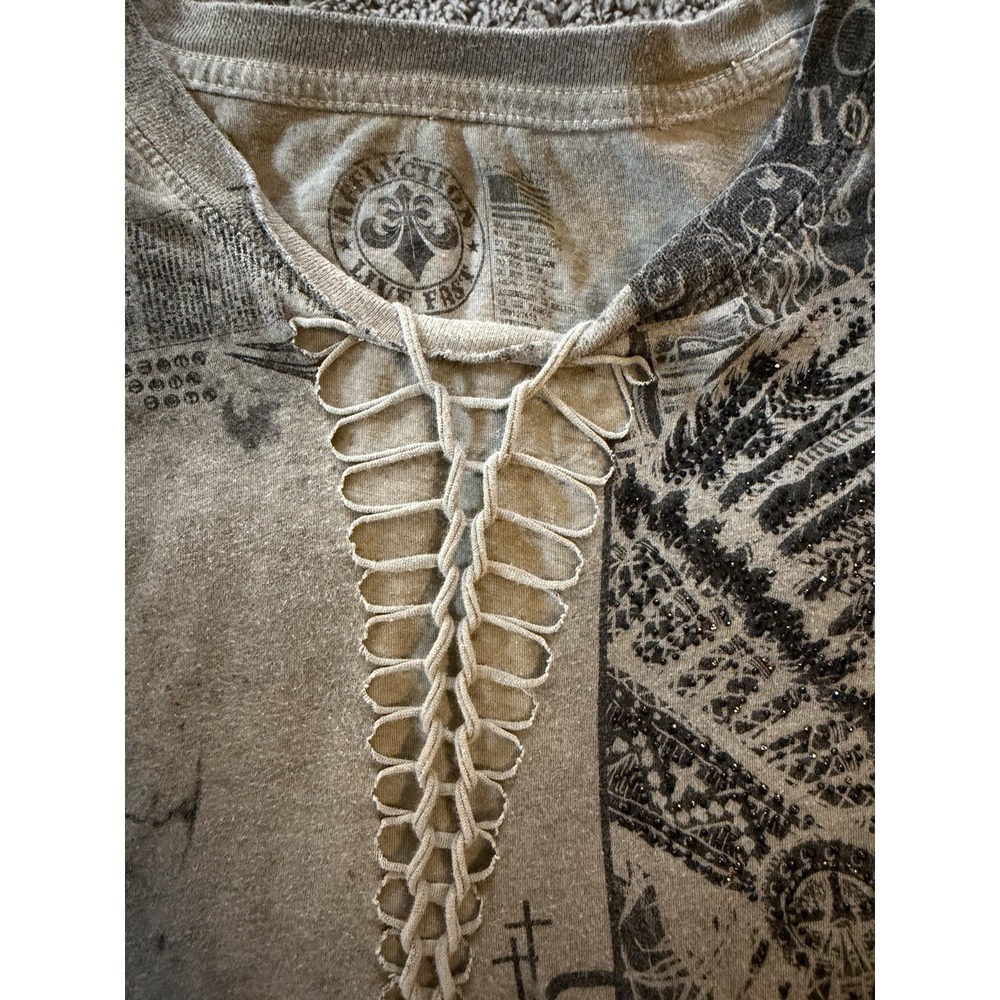 Affliction American Customs Shirt XlargeFoiled Graphic Braided Lace Up Biker Top - Picture 2 of 2